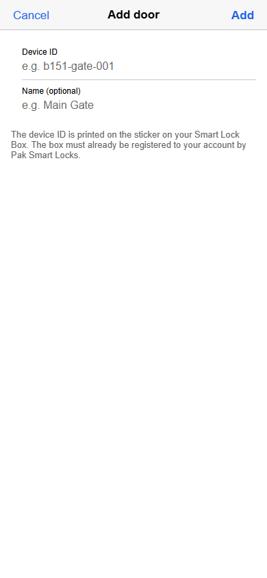Add door screen requesting a Smart Lock Box device ID and optional name