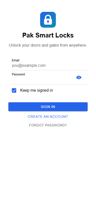 Pak Smart Locks Android sign in screen