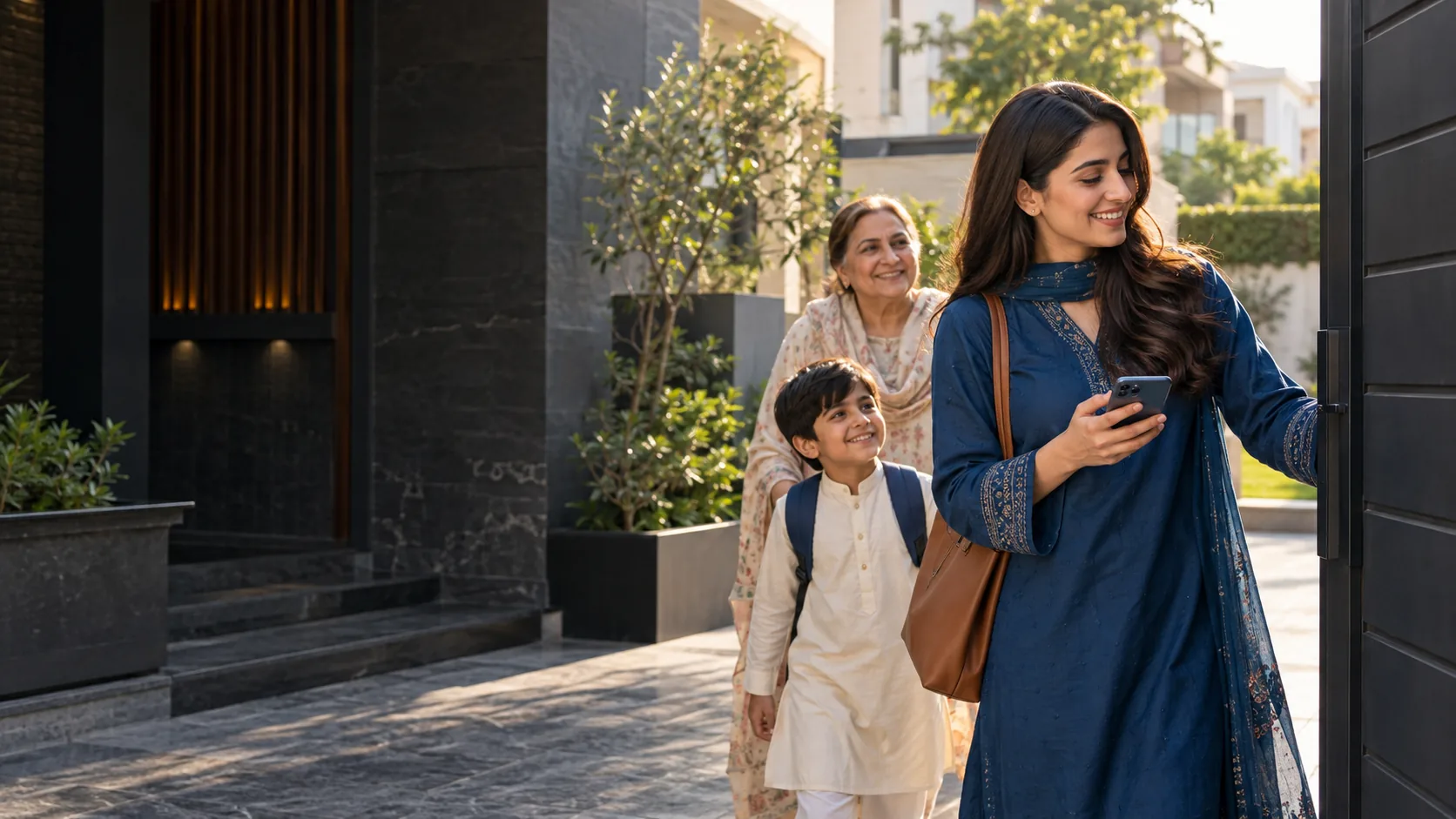 Illustrative family using a phone at a home gate