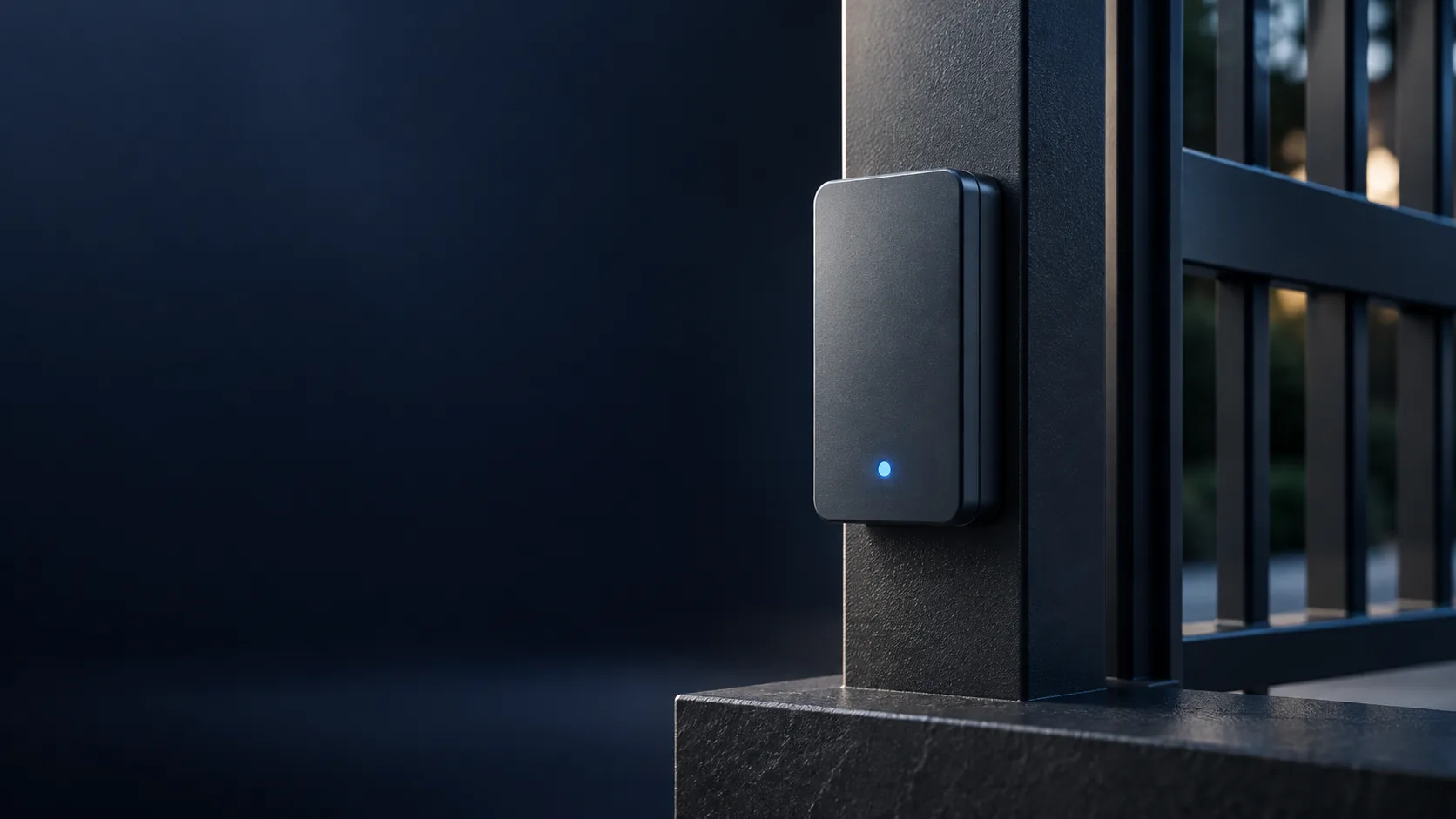 Illustrative concept of a compact smart access controller beside a metal gate