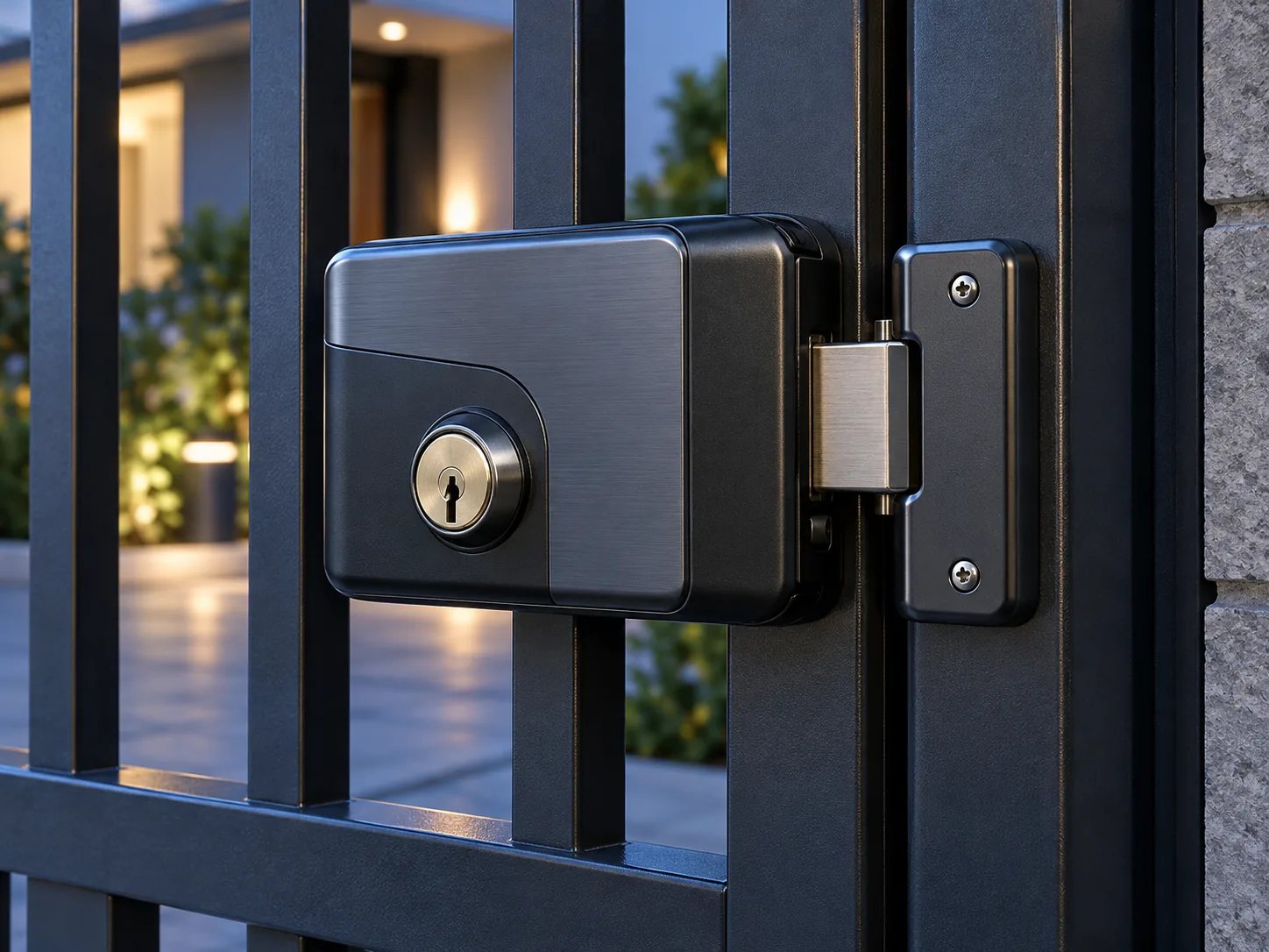 Illustrative concept of an electric rim lock on a metal entrance gate